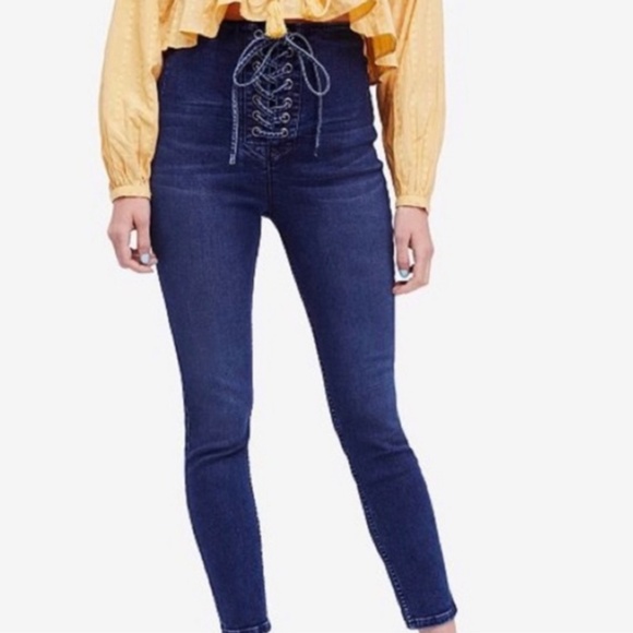 Free People Lace Up Tie Front High Waist Skinny Jeans Dark Wash - Picture 2 of 12